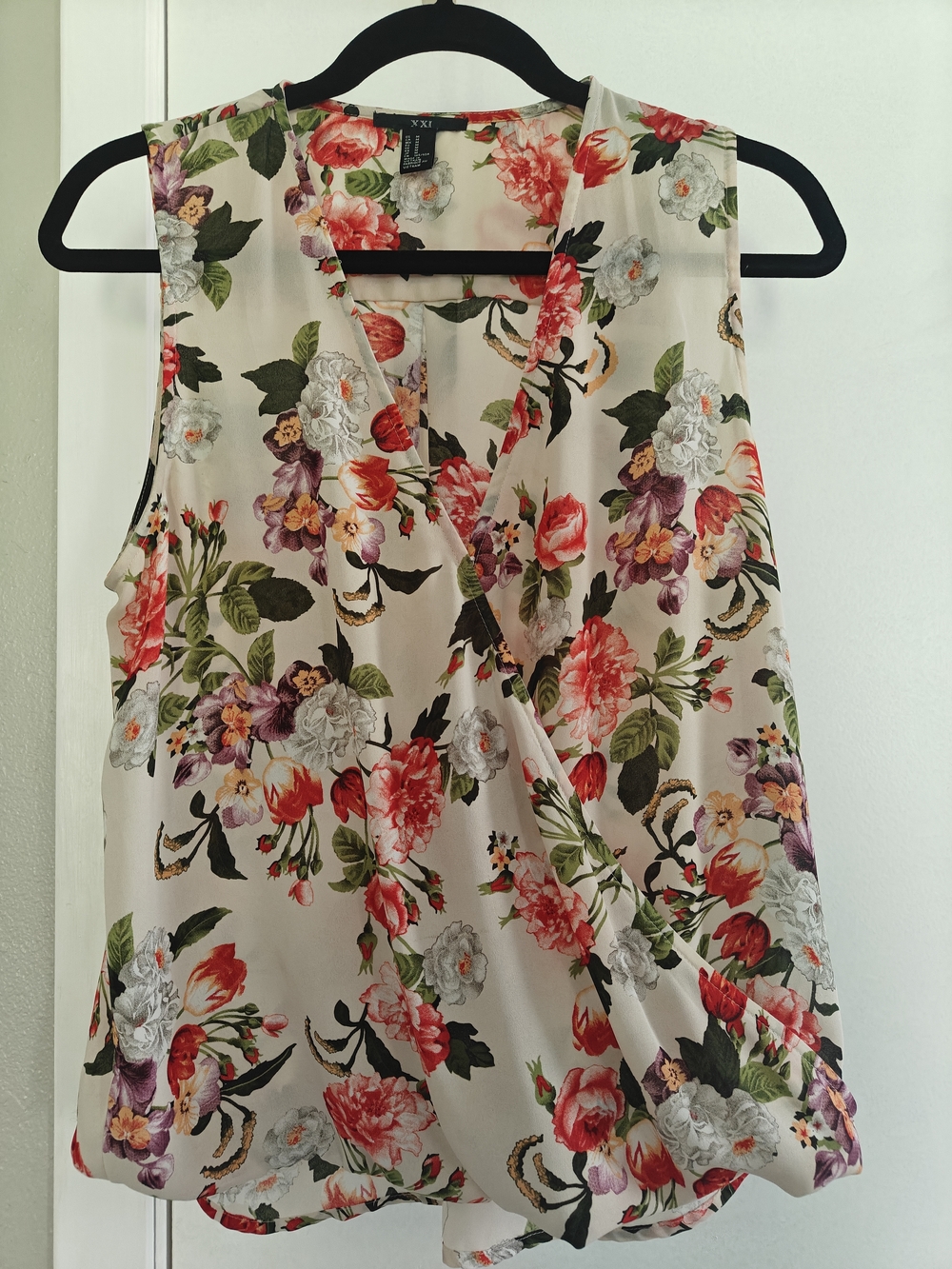 Forever 21 Cream Floral Surplice Camisole with Red & Pink Blooms